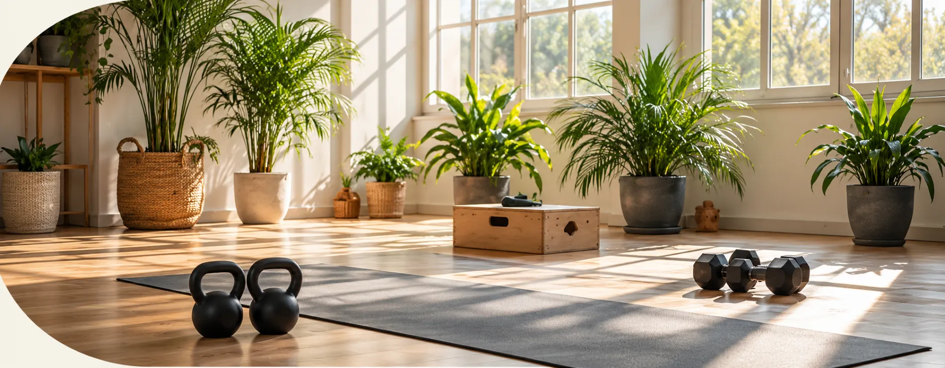 Estudio de entrenamiento luminoso con plantas, esterillas y kettlebells