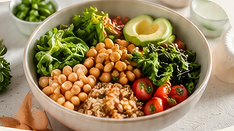 Bol saludable con garbanzos, verduras, aguacate y tomates